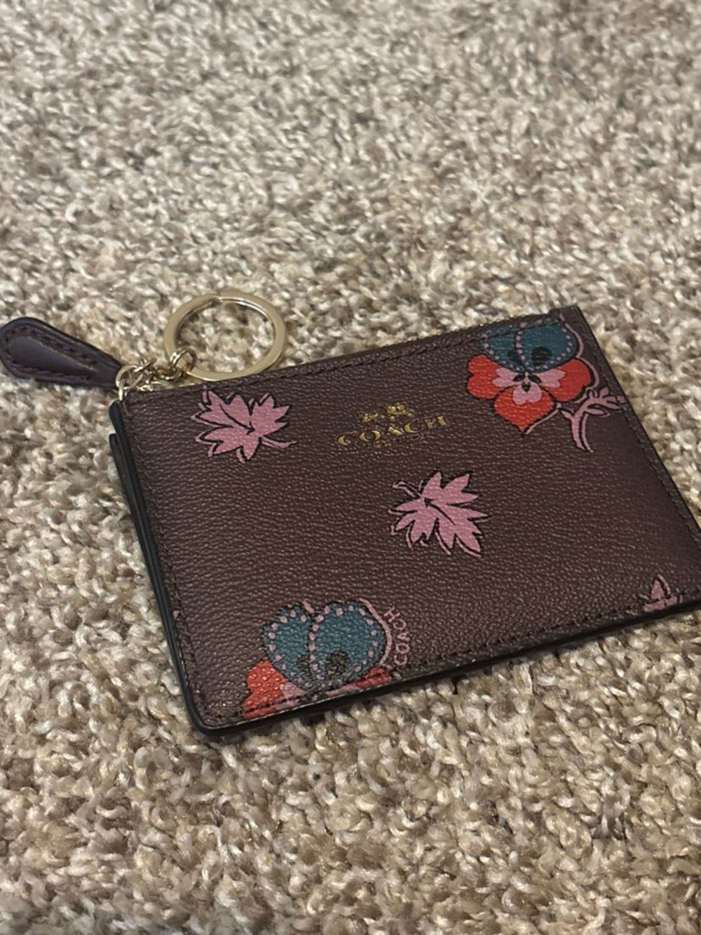 Coach Brown Floral Leather Card Holder Keyring